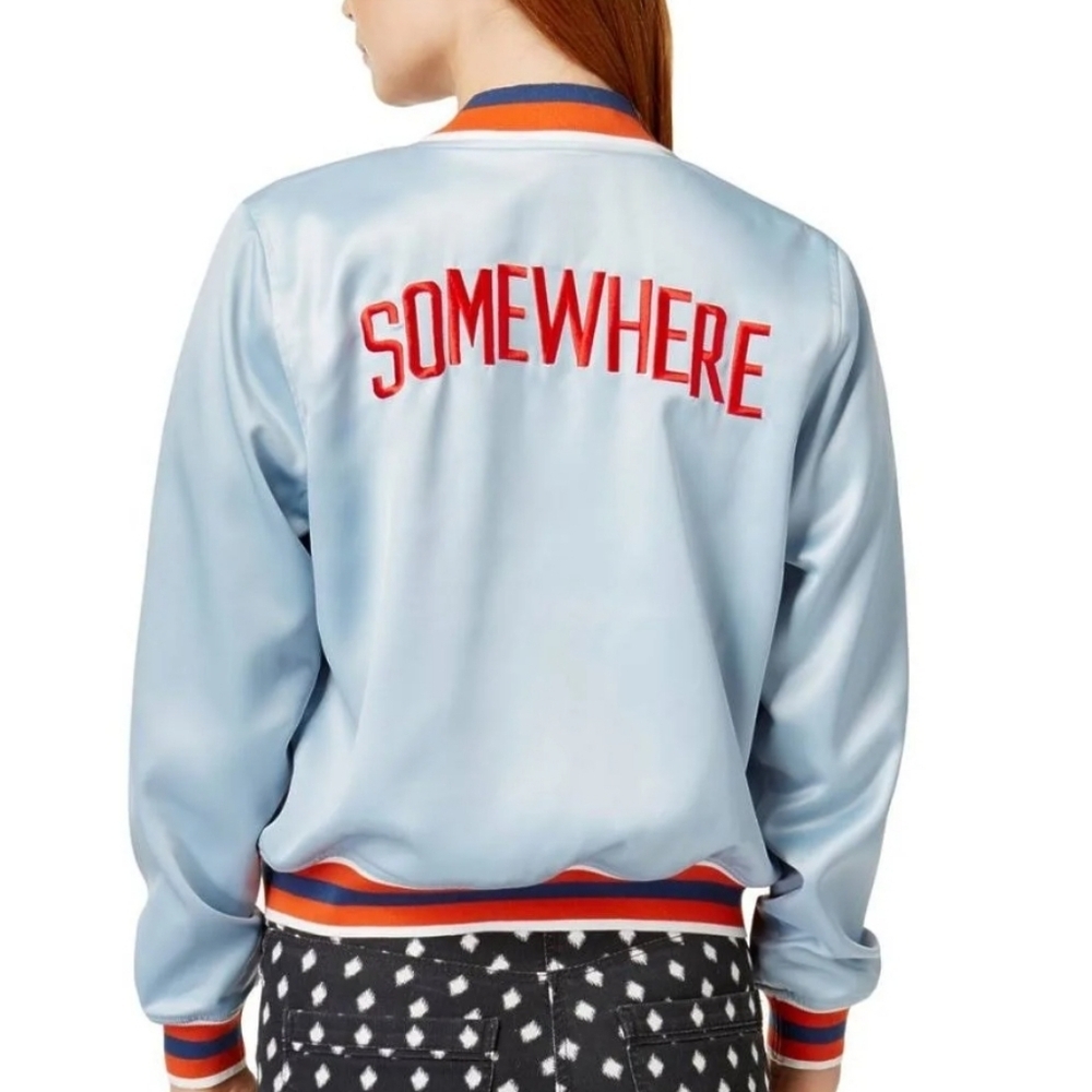 Ban.do Satin Bomber Jacket Blue Orange Varsity Track Graphic Print Women's M